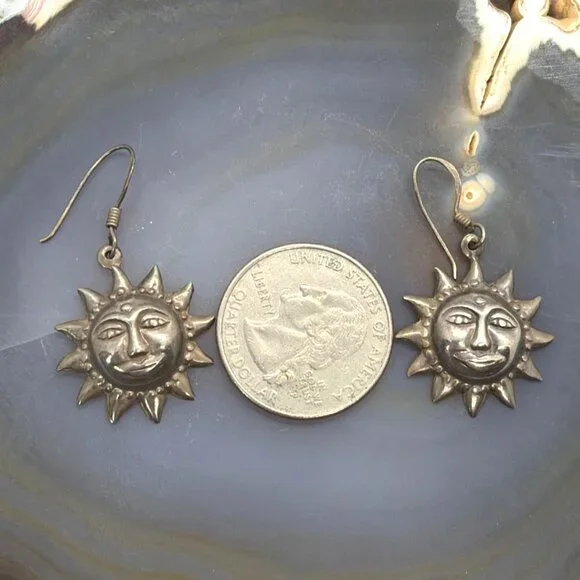 Vintage 925 Sterling Silver Smiling Sun Face Sunburst Dangle Drop Boho Earrings - Picture 6 of 9
